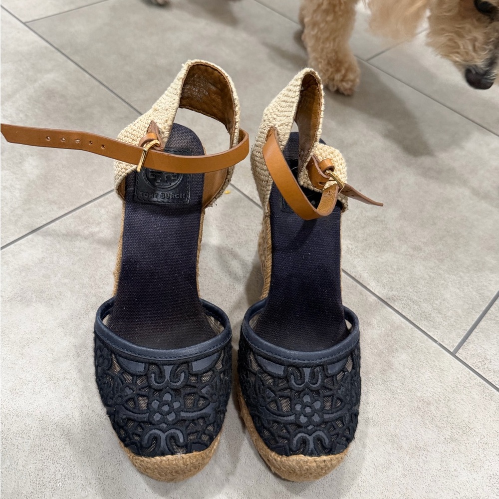 Tory Burch Navy Lace Espadrille Wedge with Tan Ankle Strap - 5.5